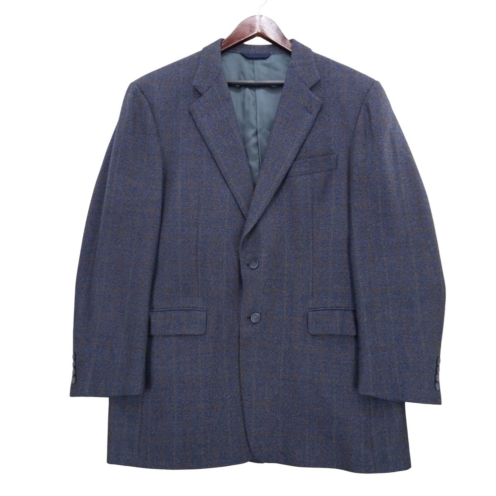 Burberry Sport Coat Mens 43 LNG Blue Brown Wool Windowpane Check Blazer